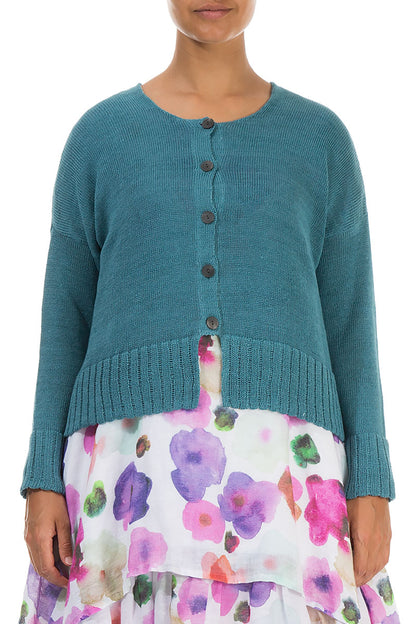 Ribbed Hem Teal Linen Cardigan 1