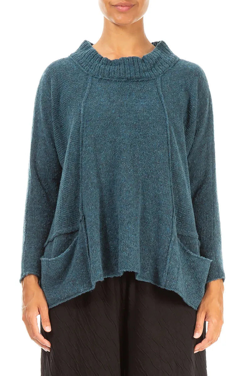 Ribbed Neck Teal Wool Sweater 1