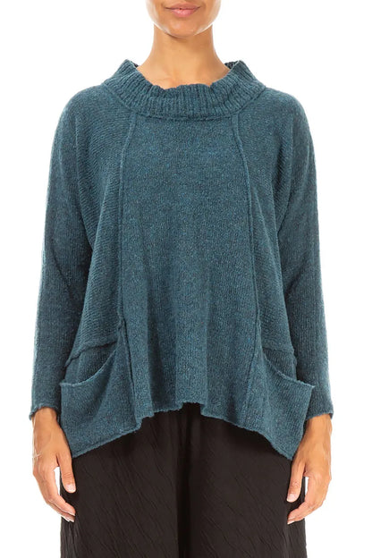 Ribbed Neck Teal Wool Sweater 1
