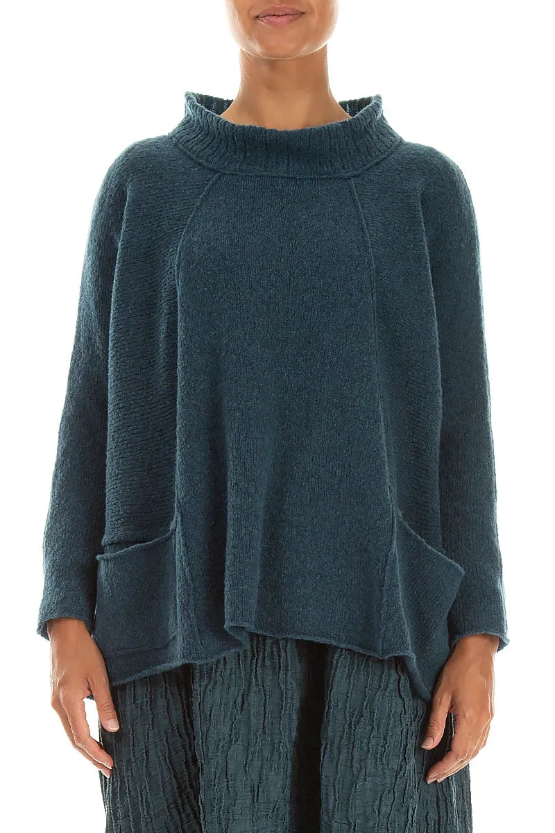 Ribbed Neck Teal Wool Sweater