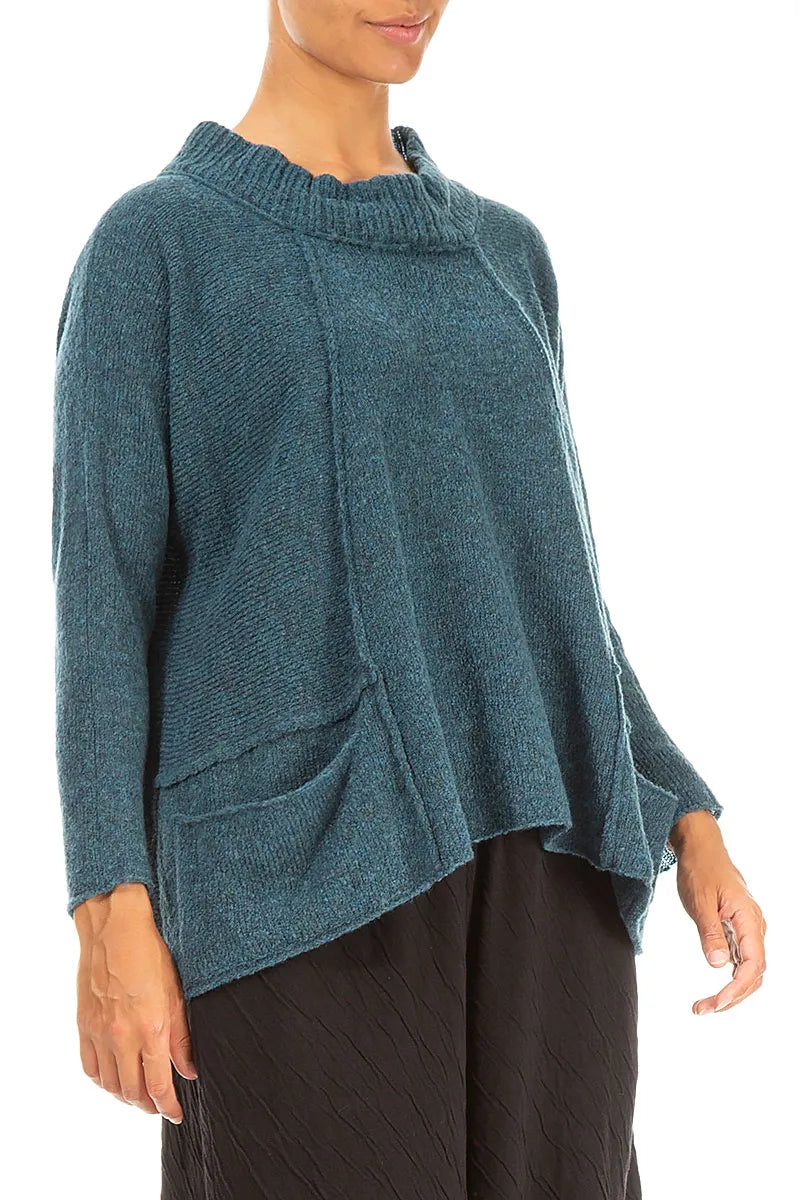 Ribbed Neck Teal Wool Sweater 3