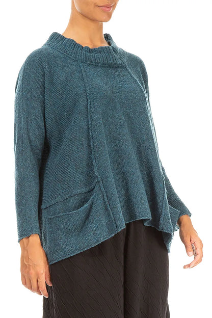 Ribbed Neck Teal Wool Sweater 3