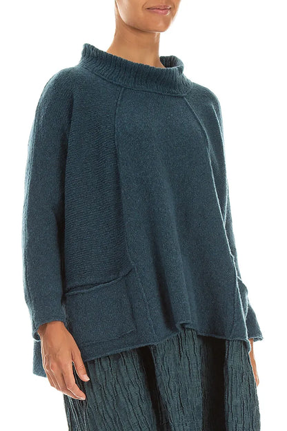 Ribbed Neck Teal Wool Sweater