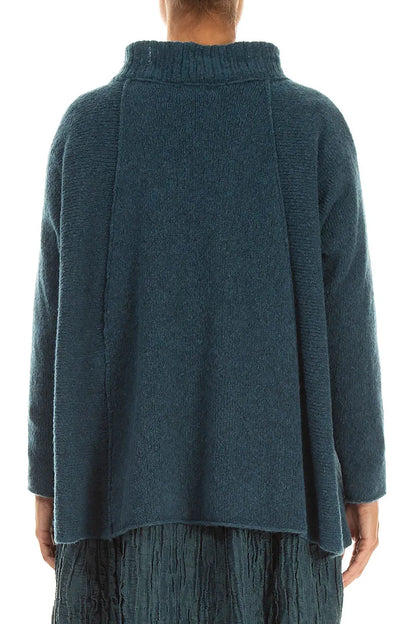 Ribbed Neck Teal Wool Sweater