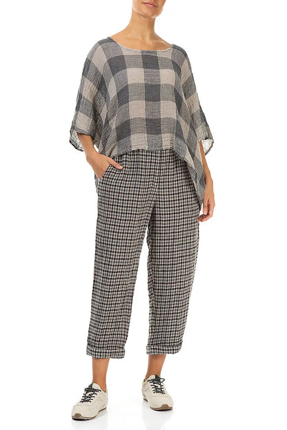 Roll Up Beige Heritage Check Linen Trousers 4