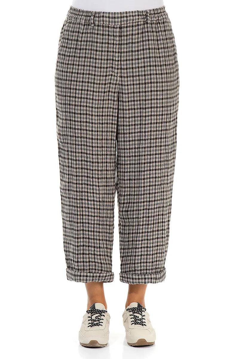 Roll Up Beige Heritage Check Linen Trousers 1