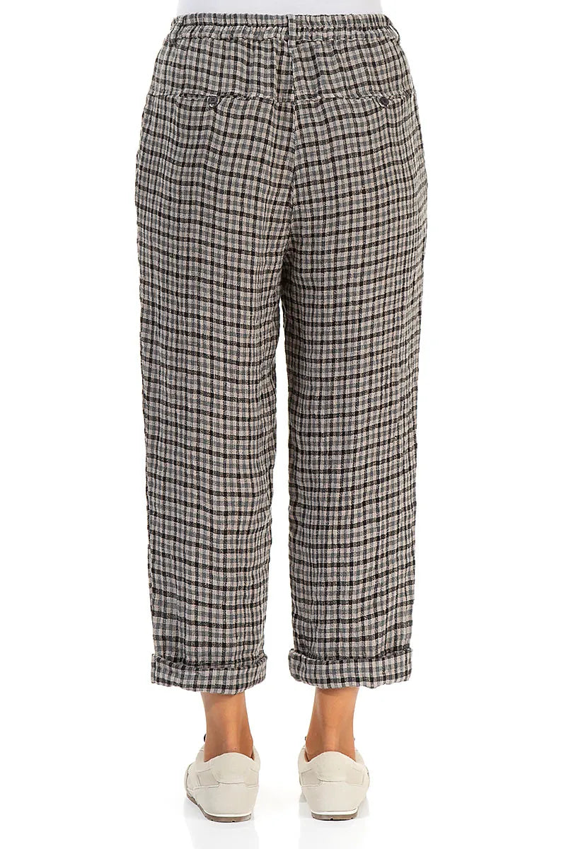 Roll Up Beige Heritage Check Linen Trousers 2