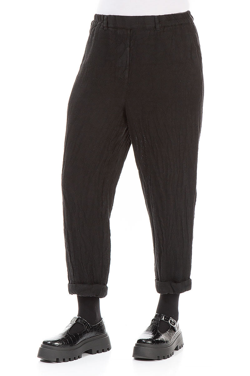 Schwarze, melierte Leinenhose zum Aufrollen