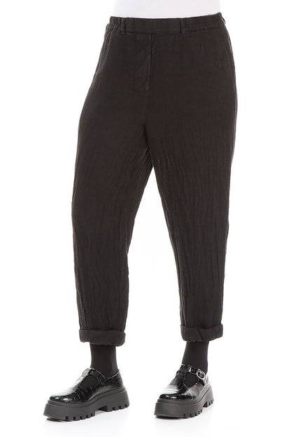 Schwarze, melierte Leinenhose zum Aufrollen