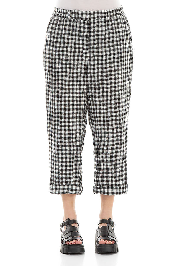 Roll Up Black & White Check Linen Trousers 1