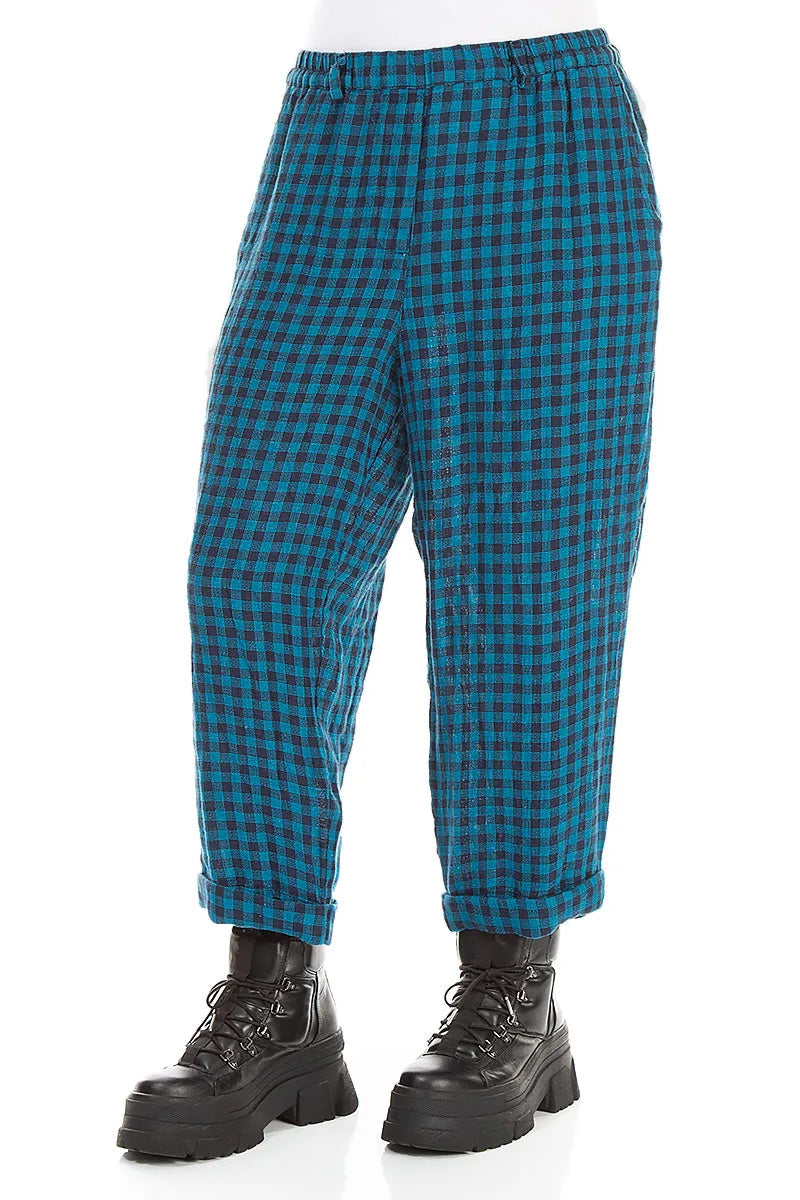 Roll Up Blue Check Linen Trousers 3
