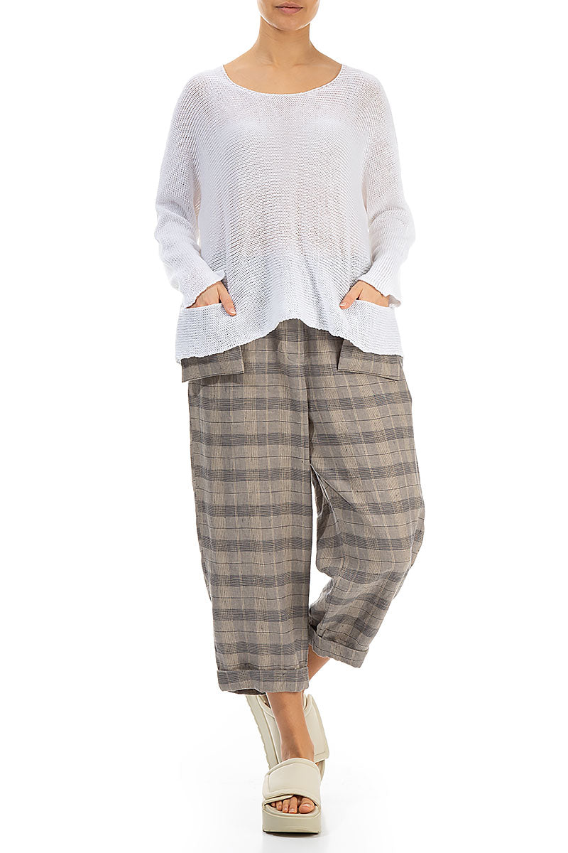 Roll Up Greige Check Linen Trousers 4
