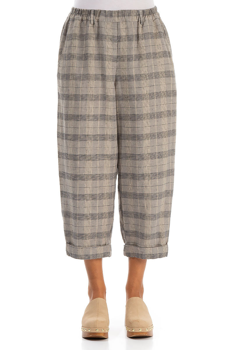 Roll Up Greige Check Linen Trousers 1