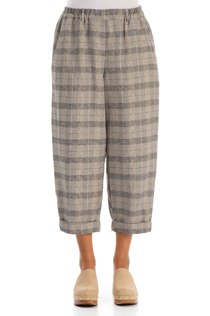 Roll Up Greige Check Linen Trousers 1