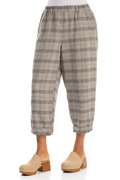 Roll Up Greige Check Linen Trousers 3