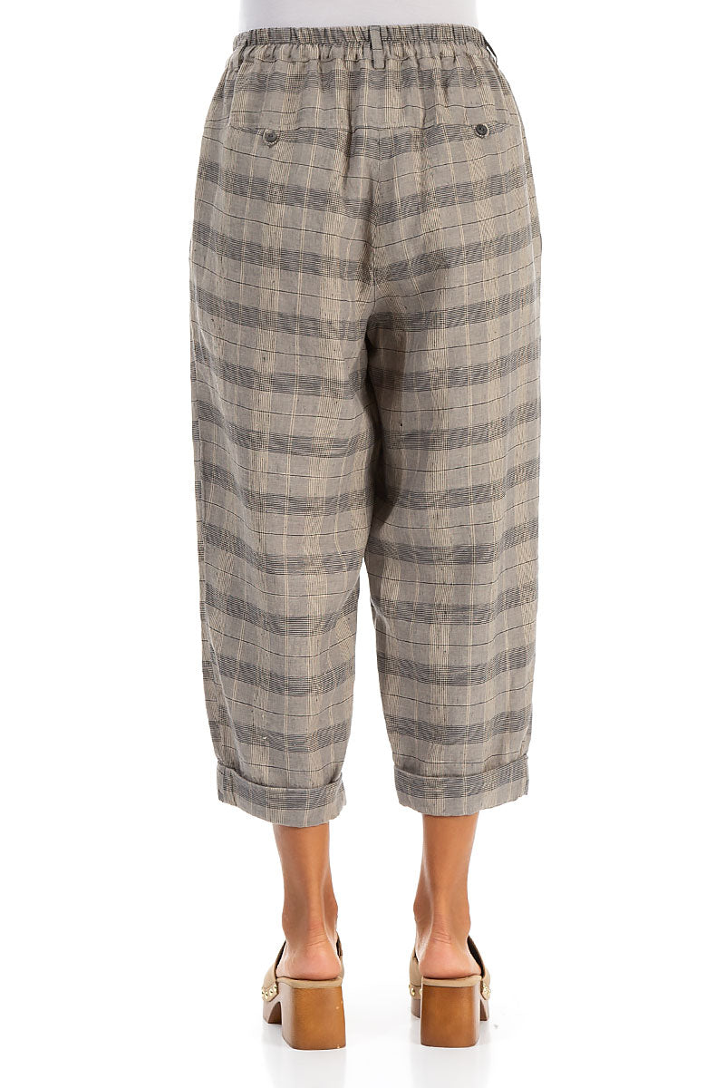 Roll Up Greige Check Linen Trousers 2
