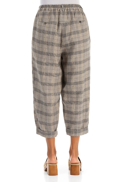 Roll Up Greige Check Linen Trousers 2