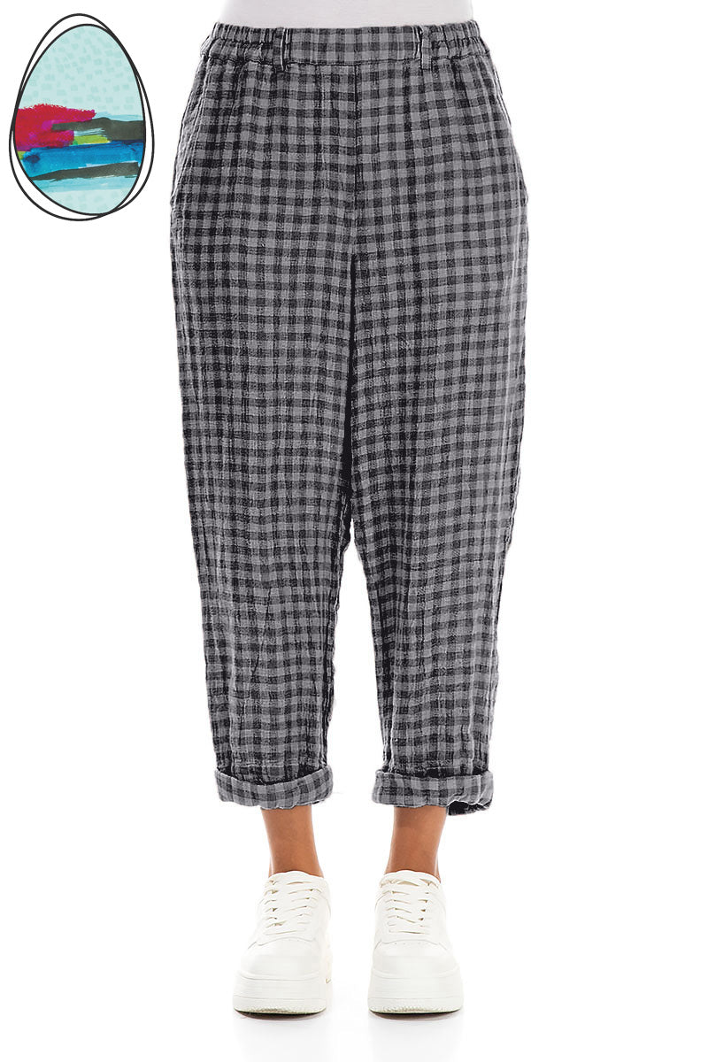 Grau karierte Leinenhose zum Aufrollen