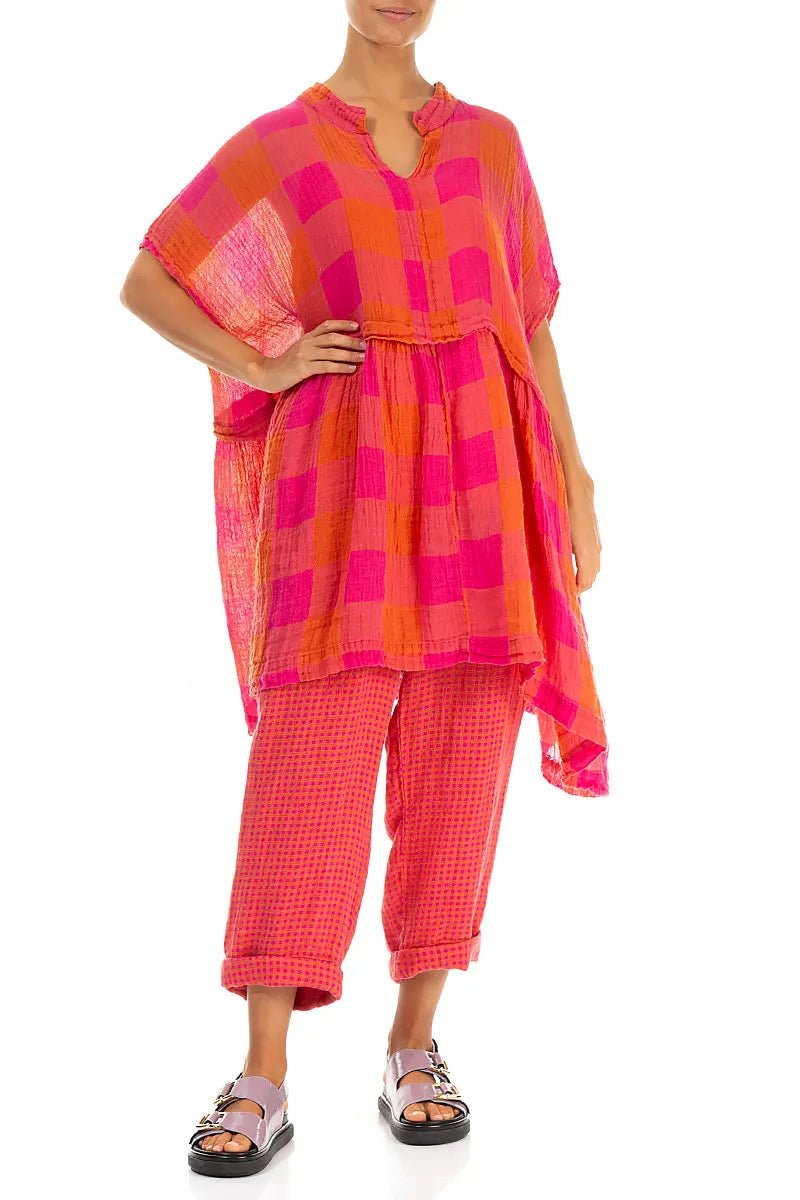 Hosen aus Leinen-Mischgewebe in Rosa-Orange-Karos zum Umschlagen