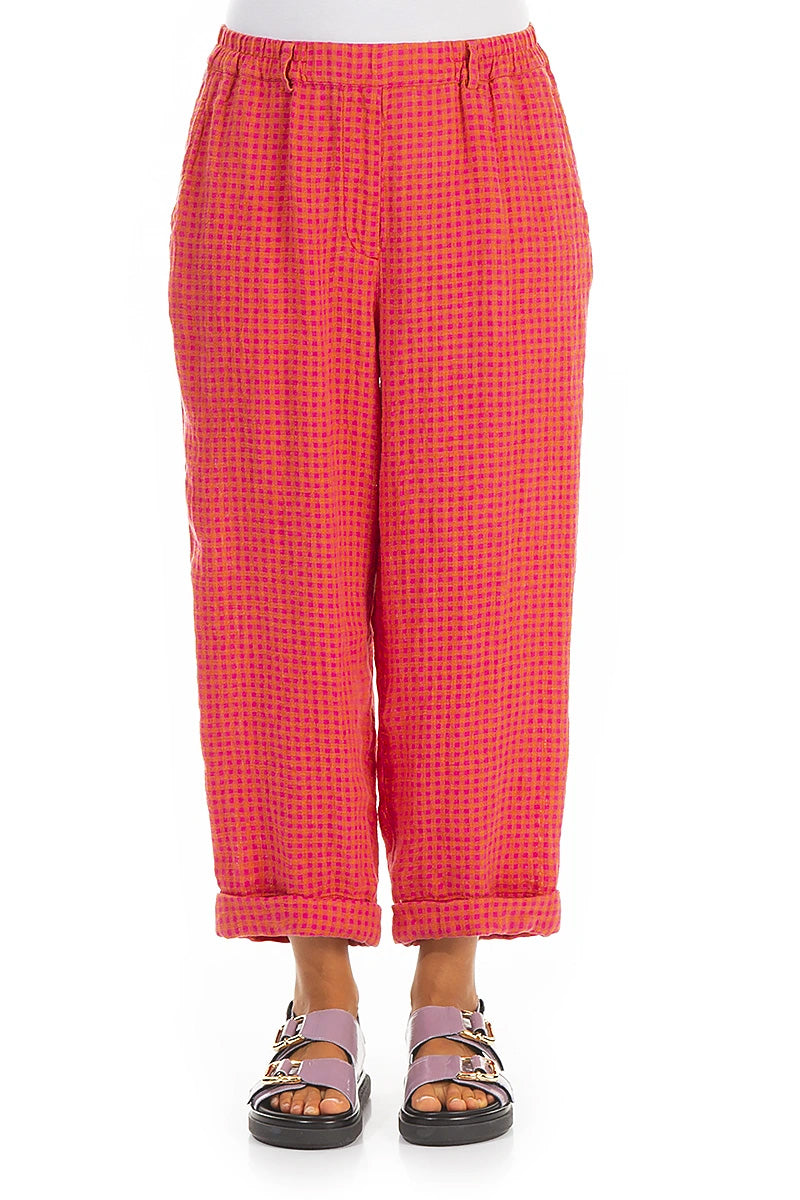 Roll Up Pink Orange Check Linen Trousers