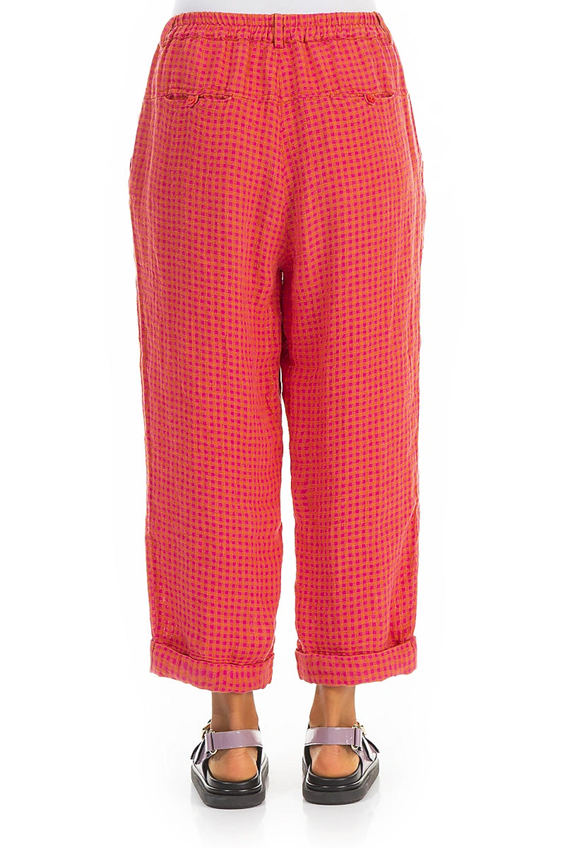 Roll Up Pink Orange Check Linen Trousers