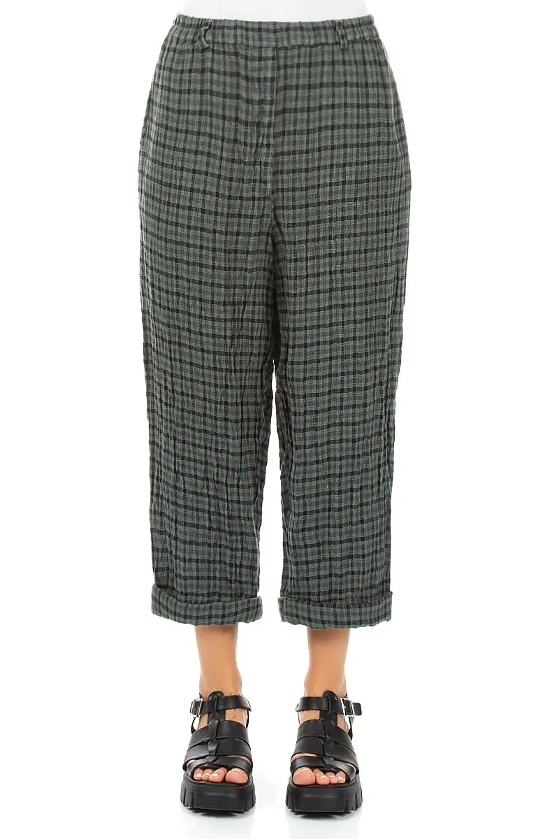 Roll Up Sage Heritage Check Linen Trousers 1