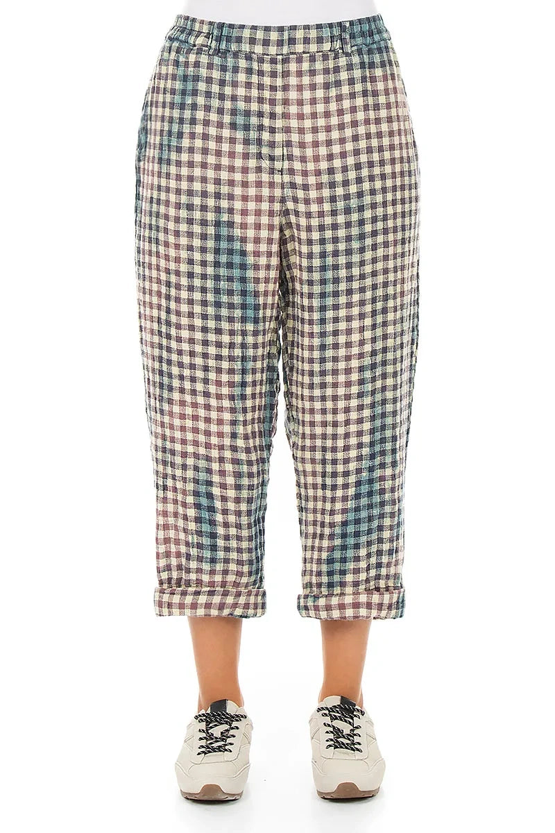 Roll Up Watercolour Check Linen Trousers 1