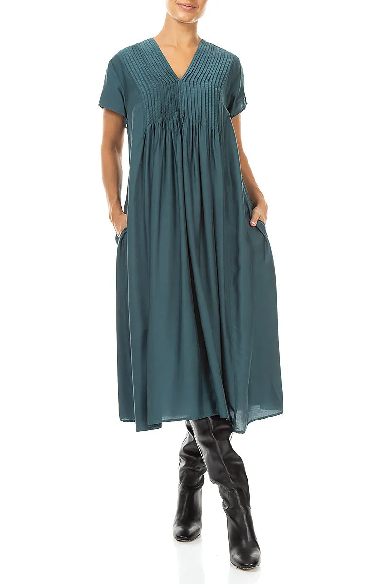 Romantic Deep Turquoise Silk Bamboo Midi Dress 4