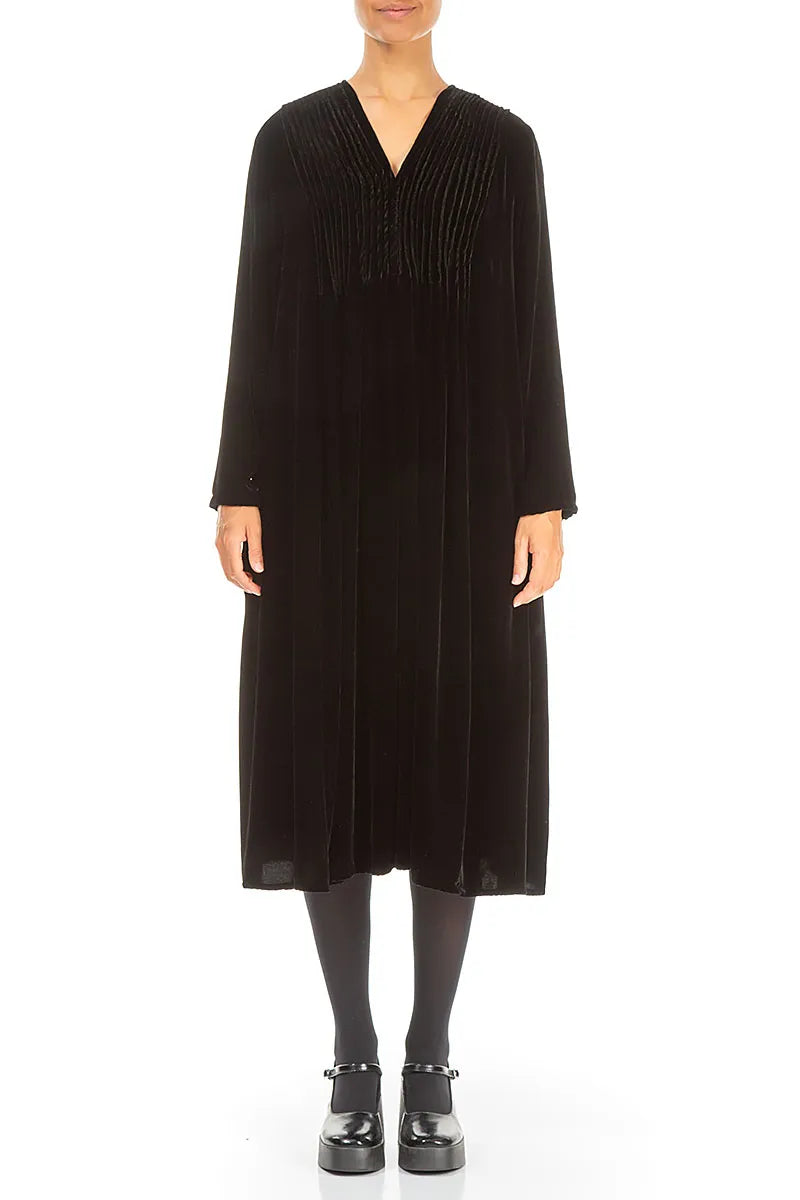 Romantic Long Sleeve V-Neck Black Silk Velvet Dress 1