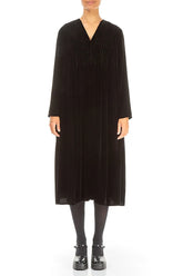 Romantic Long Sleeve V-Neck Black Silk Velvet Dress 1