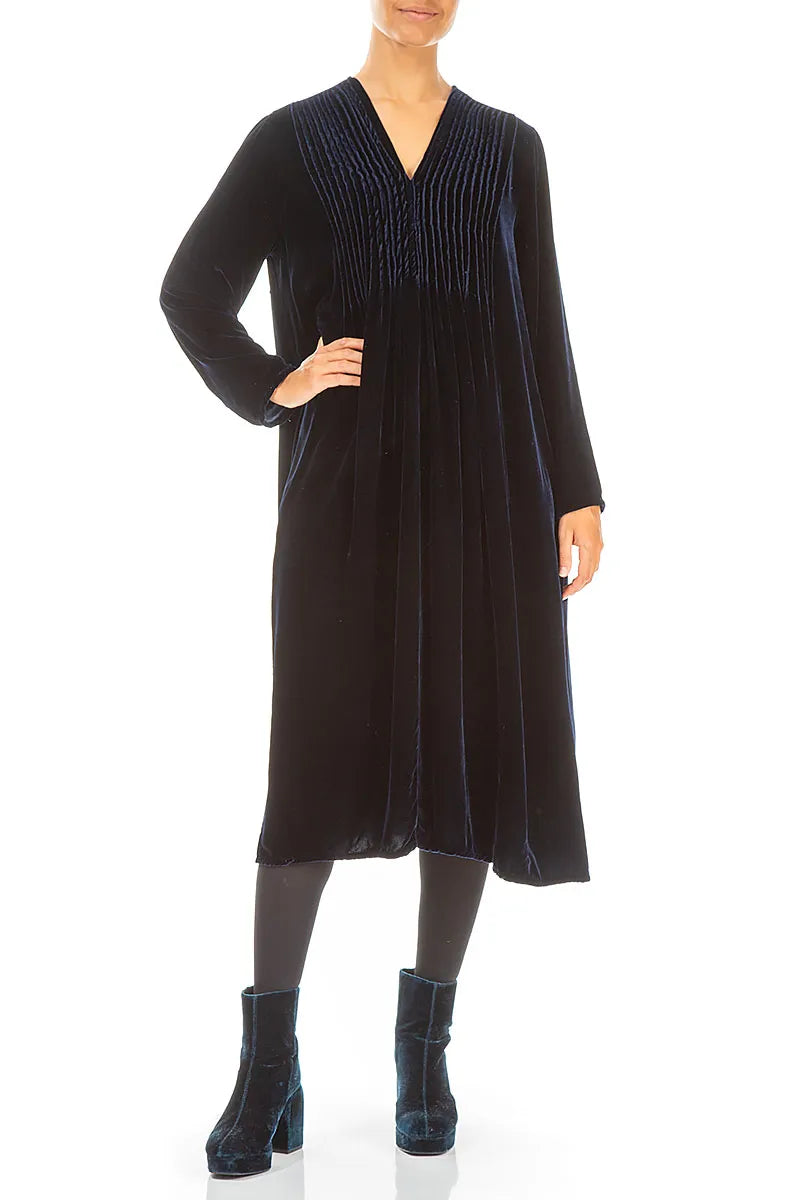 Romantic Long Sleeve V-Neck Royal Blue Silk Velvet Dress 4