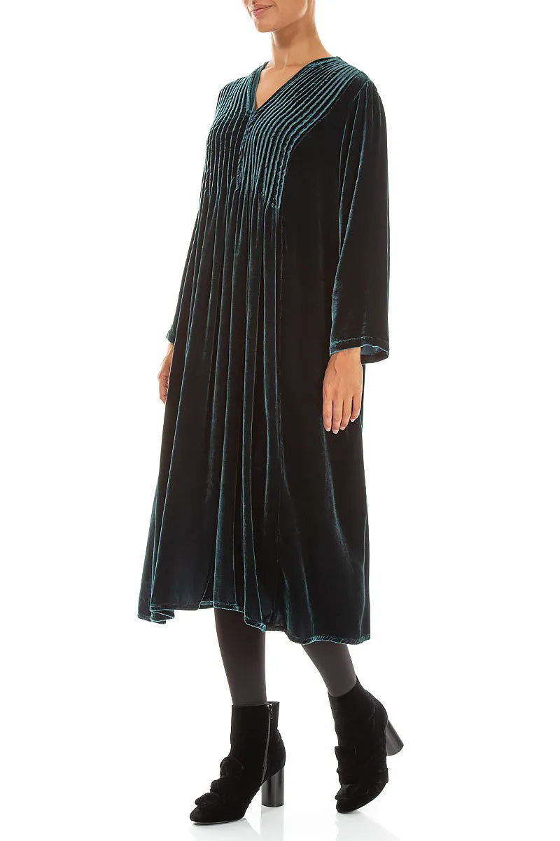 Romantic Pintuck Deep Turquoise Silk Velvet Dress 3