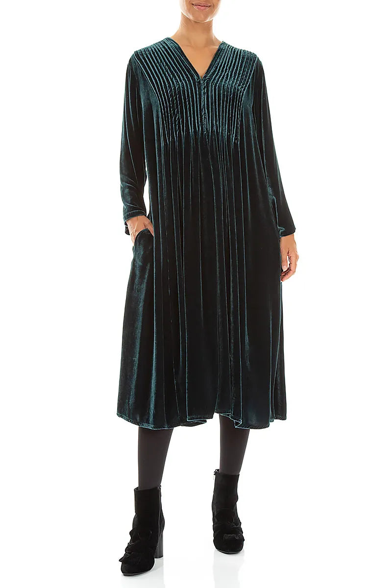 Romantic Pintuck Deep Turquoise Silk Velvet Dress