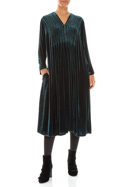 Romantic Pintuck Deep Turquoise Silk Velvet Dress
