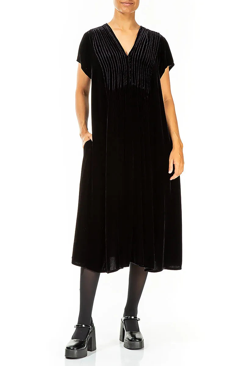 Romantic V-Neck Slate Blue Silk Velvet Dress 3