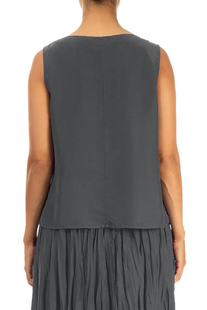 Round Boat Neck Graphite Blue Silk Top 2