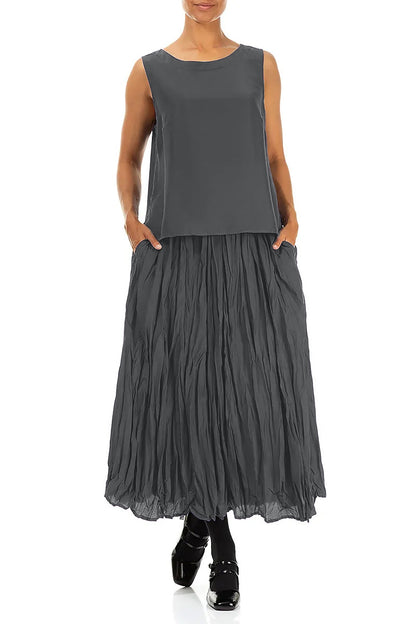 Round Boat Neck Graphite Blue Silk Top 4