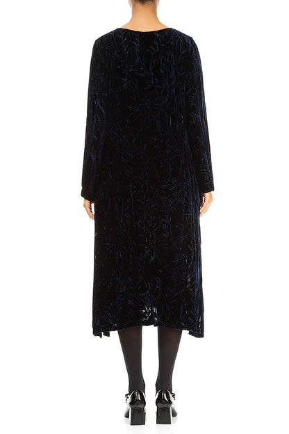 Royal Blue Devoré Feather Crumpled Silk Velvet Dress
