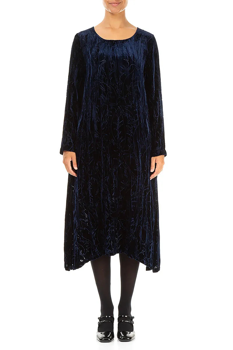 Royal Blue Devoré Feather Crumpled Silk Velvet Dress
