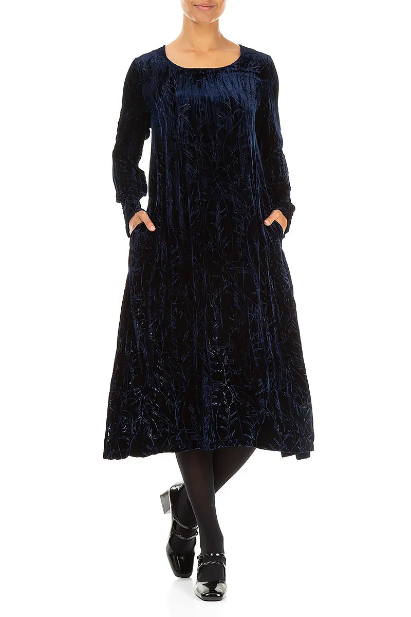 Royal Blue Devoré Feather Crumpled Silk Velvet Dress