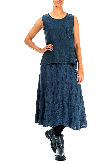 Royal Blue Textured Bubbles Linen Skirt 4