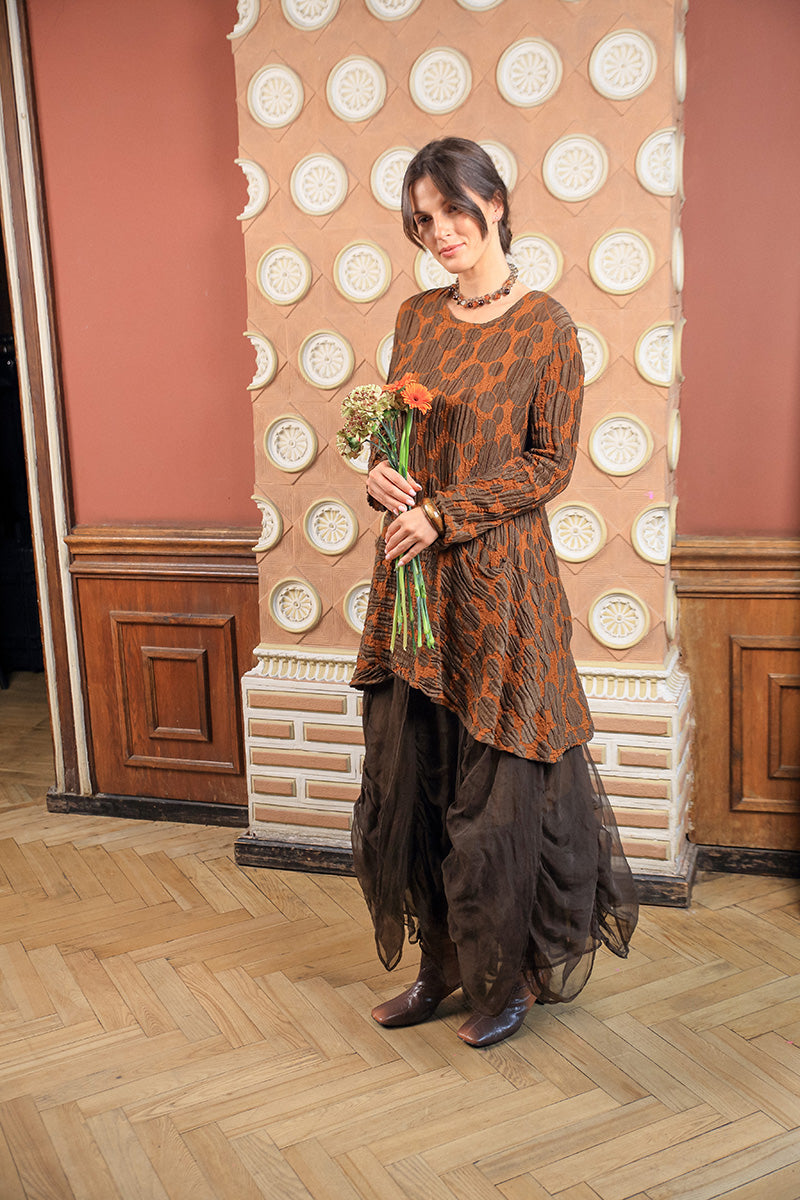 Ruched Aged Copper Silk Chiffon Skirt 8
