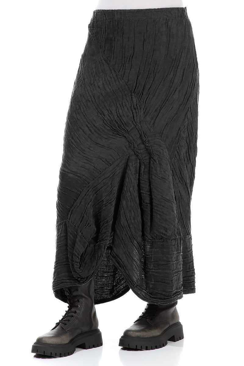 Ruched Crinkled Black Silk Linen Skirt 3