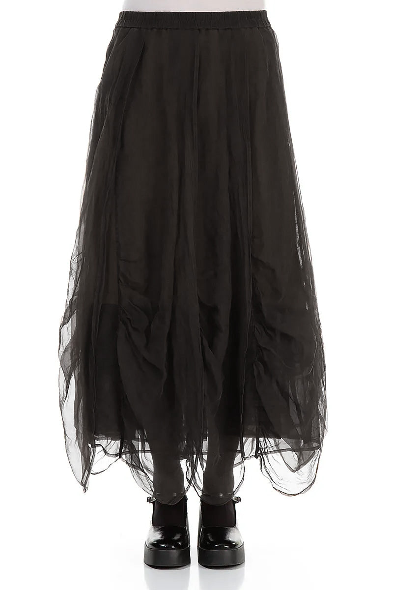 Ruched Forest Brown Silk Chiffon Skirt