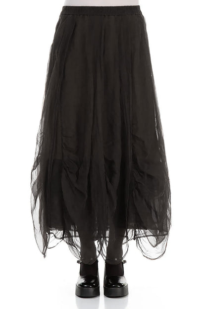 Ruched Forest Brown Silk Chiffon Skirt