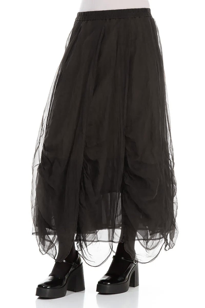 Ruched Forest Brown Silk Chiffon Skirt