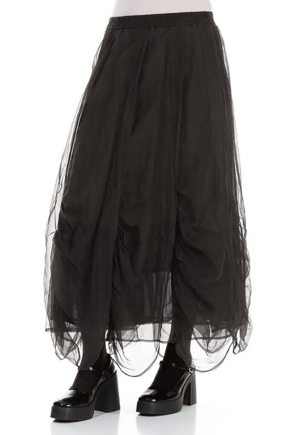 Ruched Forest Brown Silk Chiffon Skirt