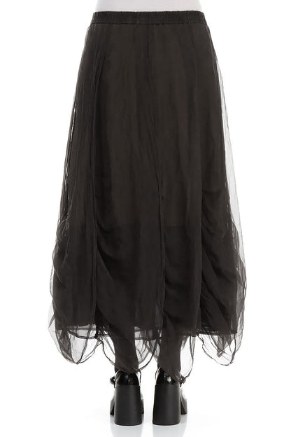 Ruched Forest Brown Silk Chiffon Skirt