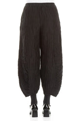 Ruched Hem Black Crinkled Silk Linen Trousers 2