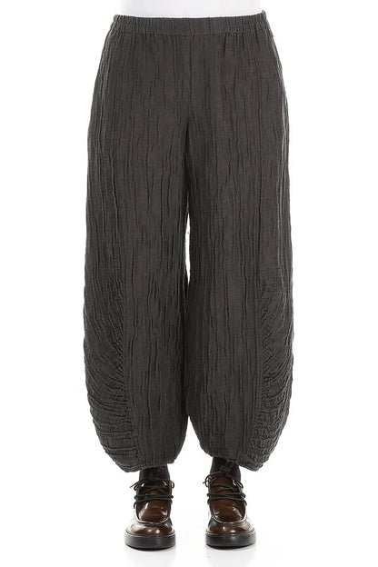 Ruched Hem Charcoal Crinkled Silk Linen Trousers